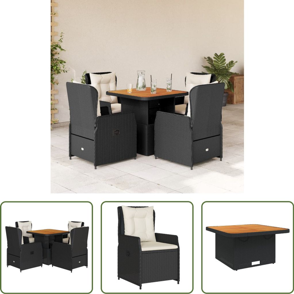 The Living Store 5-tlg. Garten-Essgruppe mit Kissen Schwarz Poly Rattan