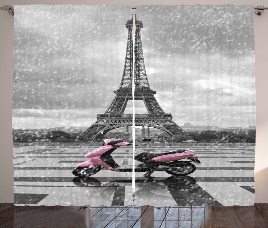 ABAKUHAUS Eiffelturm Rustikaler Gardine, Paris Szene Moped, Schlafzimmer Kräuselband Vorhang mit Schlaufen und Haken, 280 x 245 cm, Grau Rosa