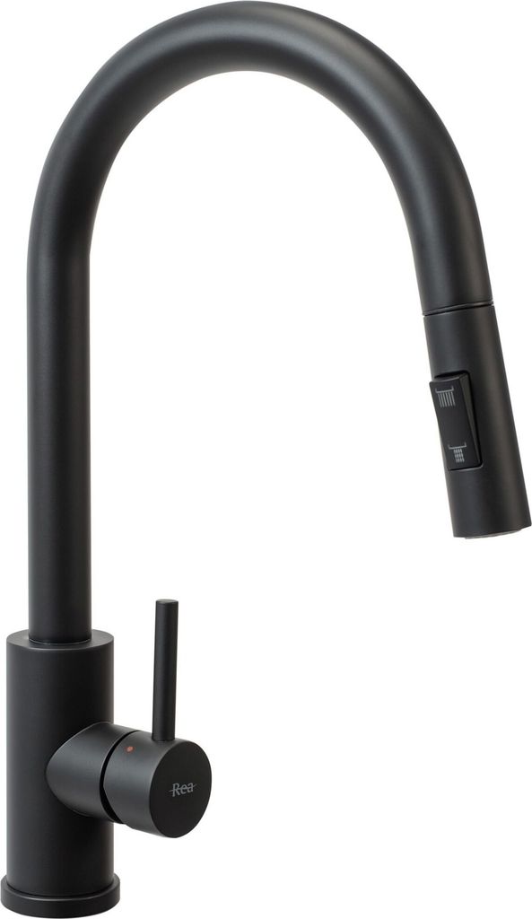 A black kitchen faucet with a pull-down sprayer.