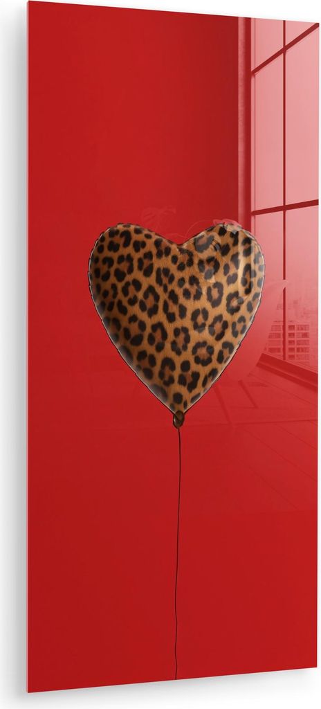 MuchoWow Glasbilder - Bilder auf Wandbild - Foto auf Glas Ballon - Herzform - Rot - Panther-Muster 40x80 cm Wanddekoration aus Glas - Acrylglasbild...
