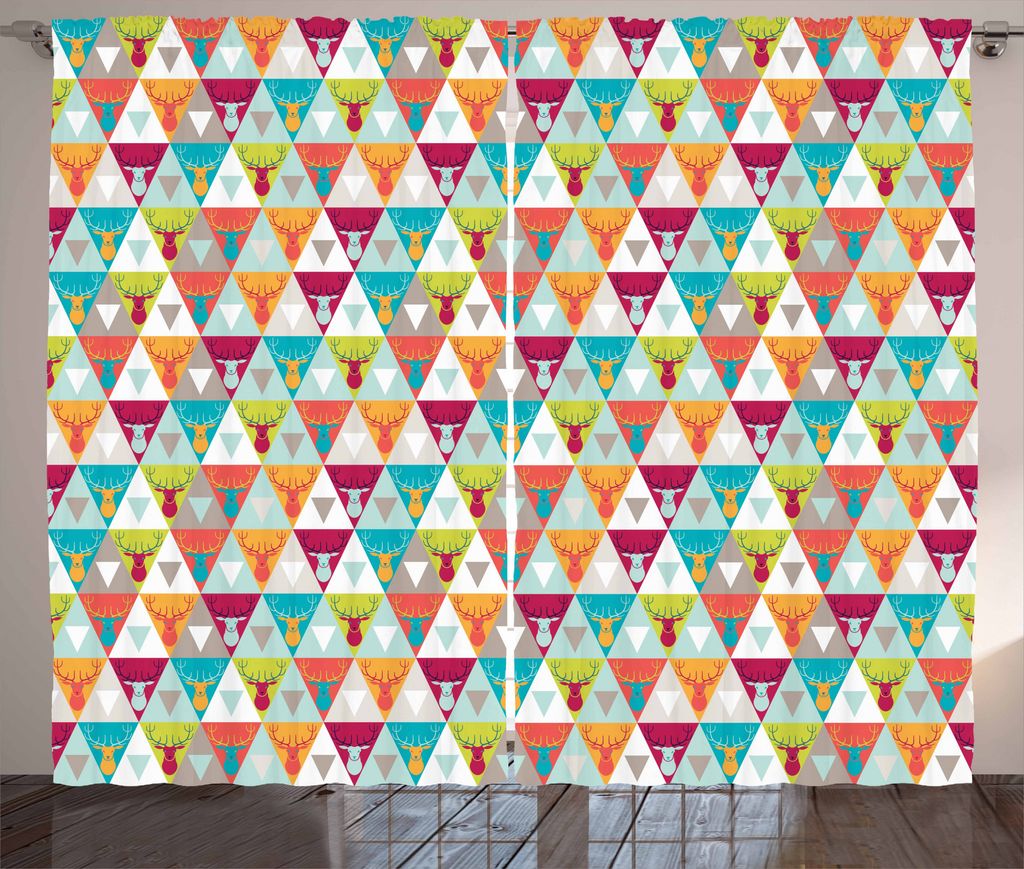 ABAKUHAUS Indie Rustikaler Vorhang, Triangles mit Deer Heads, Wohnzimmer Universalband Gardinen mit Schlaufen und Haken, 280 x 175 cm, Mehrfarbig