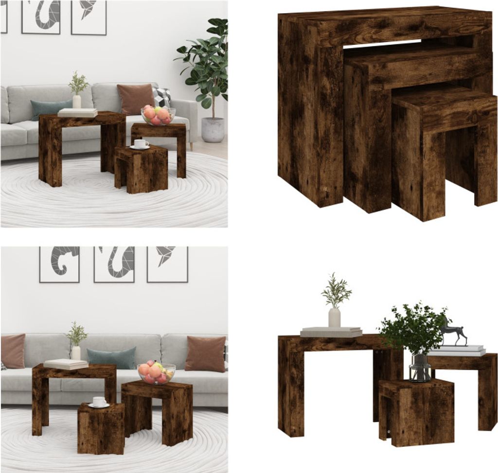 vidaXL Kaffeetische 3 Stk. Stapelbar Räuchereiche Holzwerkstoff - Satztisch - Satztische - Tische Stapelbar - Satz-Couchtisch