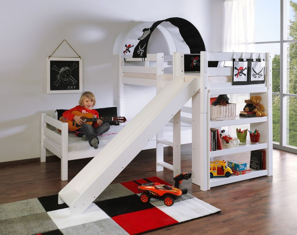 Etagen- bzw. 2. Einzelbetten Beni Buche massiv Weiß lackiert mit Rutsche 90x200