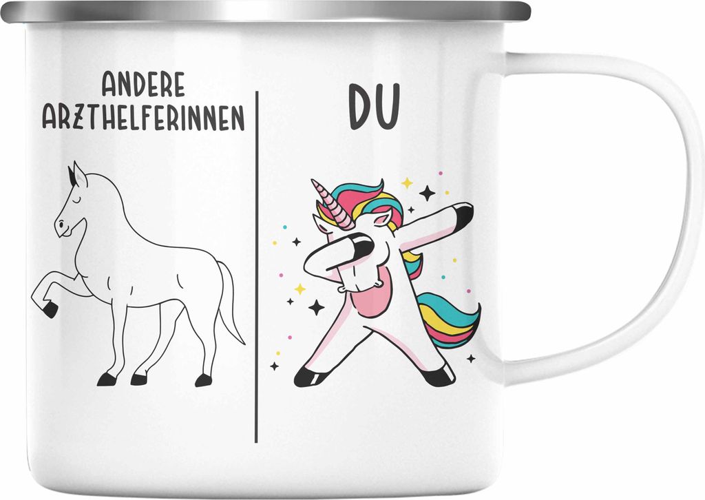 Trendation - Arzthelferin Emaille Tasse Geschenk mit Spruch Danke Dankeschön Geschenkidee für Arzthelferinnnen (Silber)