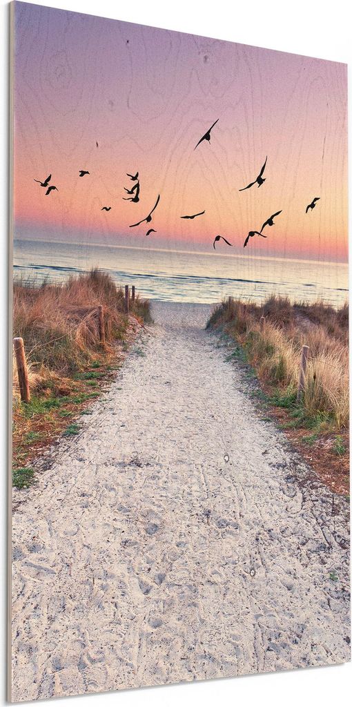 DEQORI Holzbild 40x60 cm 'Strandaufgang zur Ostsee' Bild auf Holz Wandbild Kunstdruck