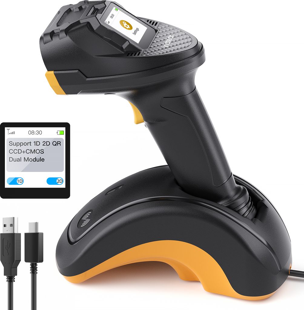 Inateck Barcode Scanner 2D 1D Wireless Handheld, QR Code Scanner, mit Touchscreen und Smart Base, CMOS+CCD Dual Module, Unterstützt App SDK