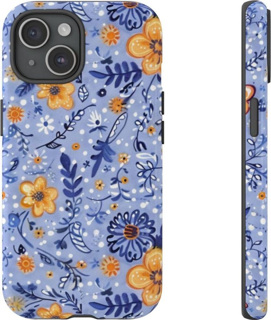 Blumenmuster in Blau und Orange – Hülle Kompatibel mit iPhone 15