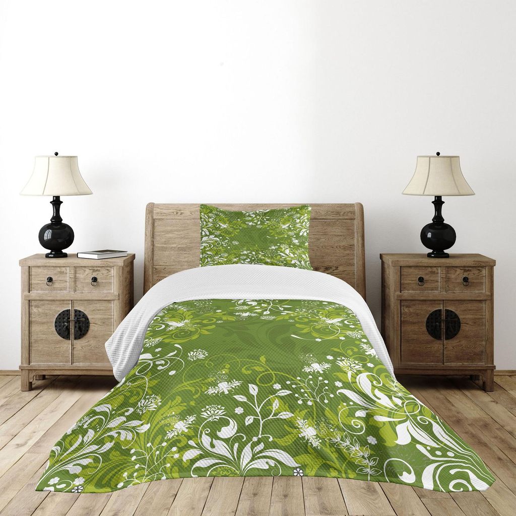 ABAKUHAUS Grün Tagesdecke Set, Abstrakte Blumenverzierungen Natur inspirierte künstlerische Niederlassungs-Blätter, 170 x 220 cm, Apfelgrün Far...