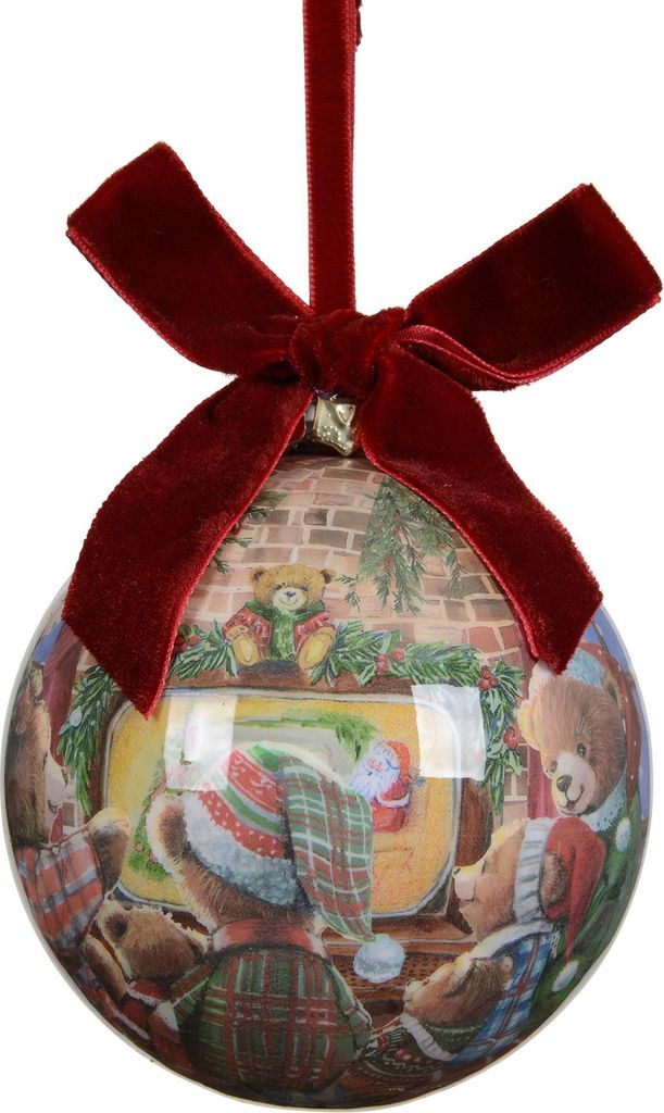Weihnachtskugel Kunststoff 10cm mit Bärenfamilie Motiv Bunt / Rot
