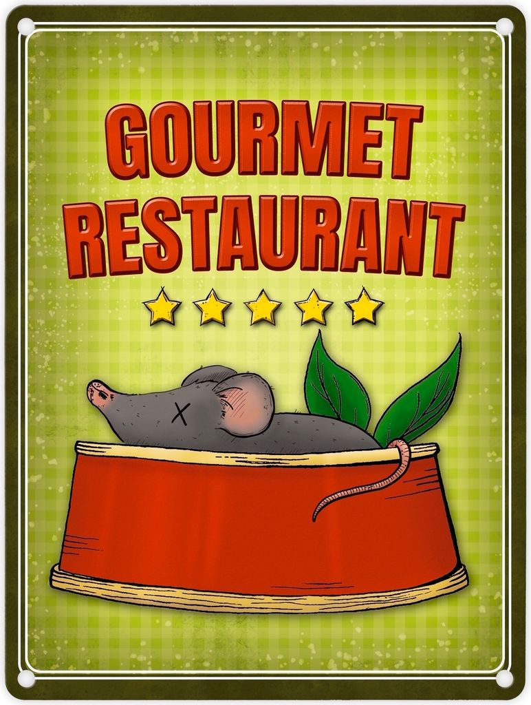 Gourmet Restaurant Metallschild für die Futterstelle Fressnapf Katze Kater Maus