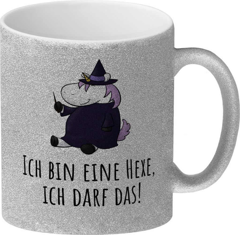 Einhorn-Hexe Glitzer-Kaffeebecher mit Spruch Ich bin eine Hexe ich darf das