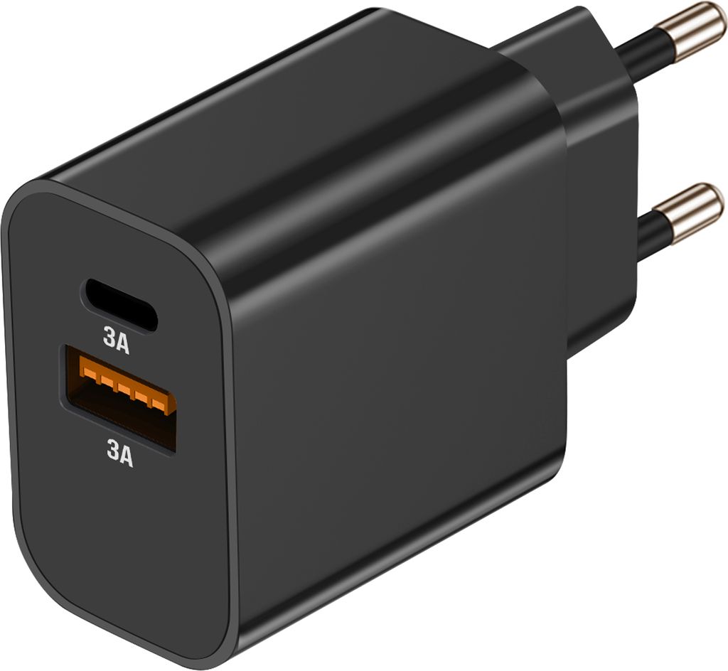 Akashi, Ladegerät USB-C + USB 15W Schnellladen Kompakt, Schwarz