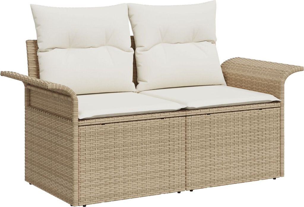Eleganten-Stil 8-teiliges Garten Sofa Set mit Kissen Beige Poly Rattan Akazie, 2-Sitzer Garten Sofa mit Stauraum & Kissen Beige Poly Rattan - Garte...
