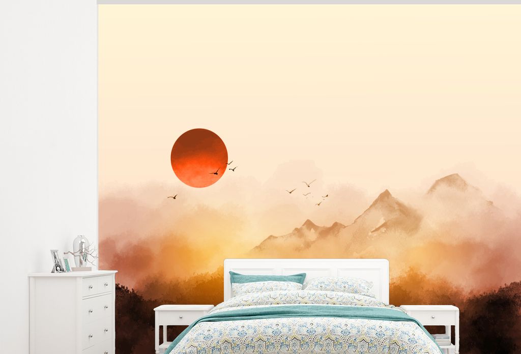 MuchoWow Fototapete für Wohnzimmer oder Schlafzimmer Wandtapete Vinyl Motivtapete Malerei - Sonne - Landschaft - Vögel - 300x240 cm - Fototapeten