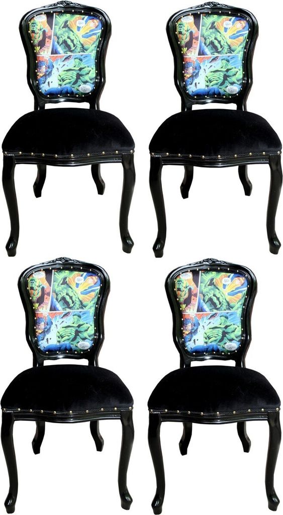 Casa Padrino Luxus Barock Esszimmer Set Comic Mehrfarbig / Schwarz 55 x 54 x H. 103 cm - 4 handgefertigte Esszimmerstühle - Designer Stühle - Bar...