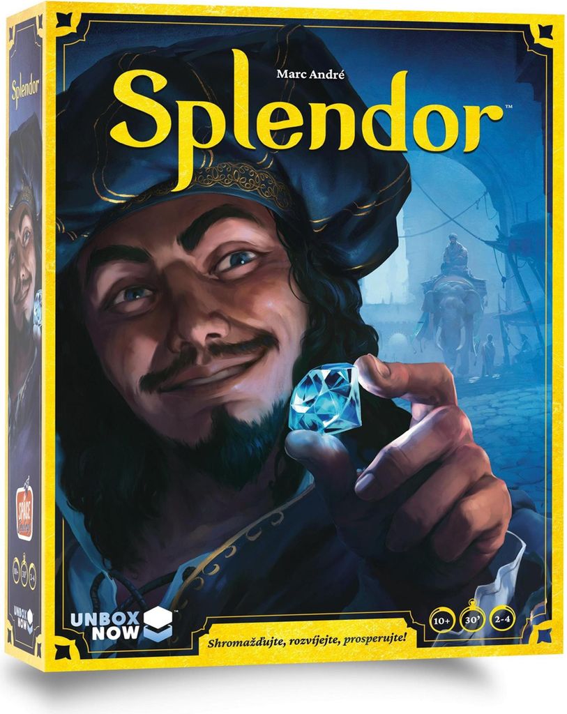 The image shows the front of a board game box for 'Splendor'. A man in historical attire is depicted holding a large blue gem. The background shows a stylized city scene.