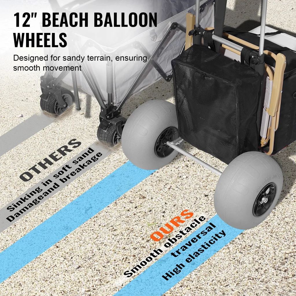 Carrello da spiaggia carrello manuale per sabbia, Carrello da spiaggia con portata di 74,84 kg, Carrello da sabbia pieghevole in alluminio regolabile in altezza da 685 a 1135 mm, Carrello robusto per la spiaggia - 3