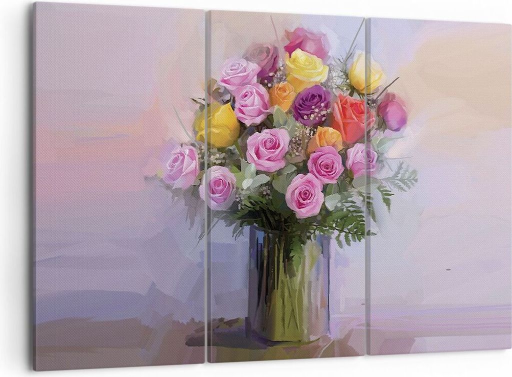 Bild auf Leinwand - Leinwandbild - 3 Teile - Blumen Vase Grafiken - 105x70cm - Wand Bild - Wanddeko - Wandbilder - Leinwanddruck - Bilder - Wanddek...