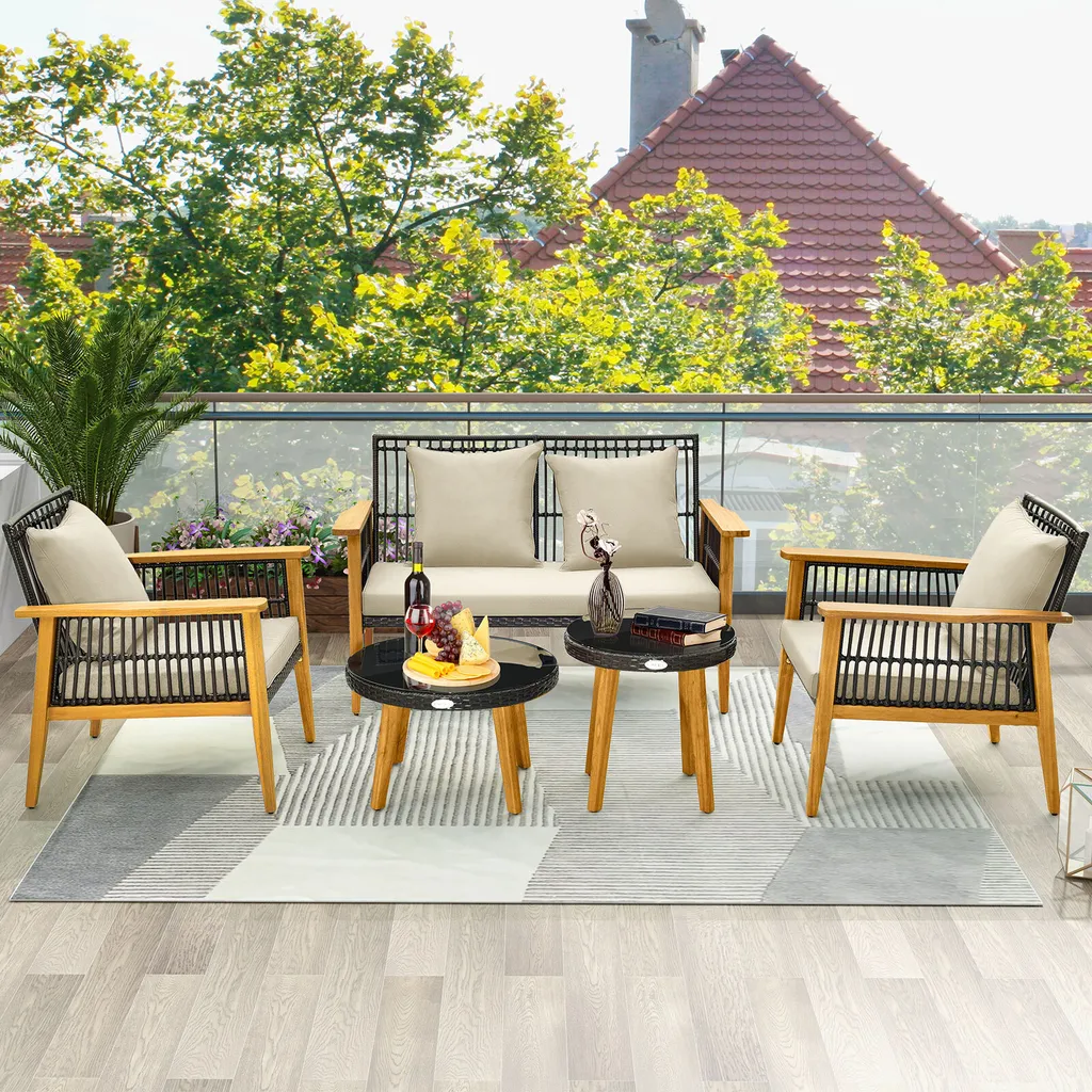 Ensemble salon de jardin 5 pièces Costway en résine tressée et acacia - 2
