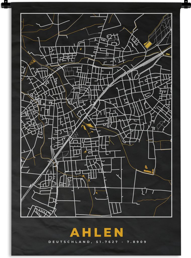 MuchoWow Wandteppich Wandbehang Deutschland - Schwarz und Gold - Ahlen - Stadtplan - Karte 60x90 cm Tapisserie Dekoration Wandtuch - Foto-Teppich...