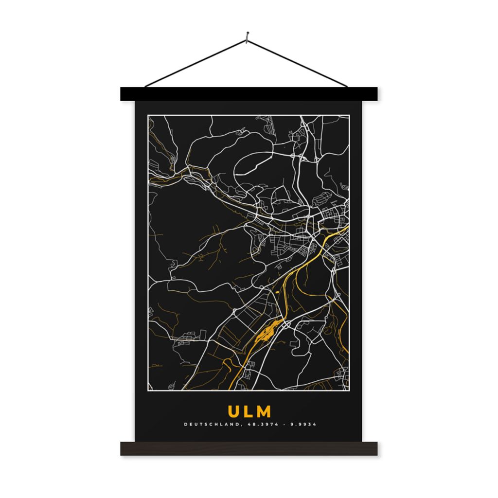 MuchoWow Textilposter Ulm - Stadtplan - Gold - Karte - Deutschland 120x180 cm mit schwarzem Rahmen - Fotos