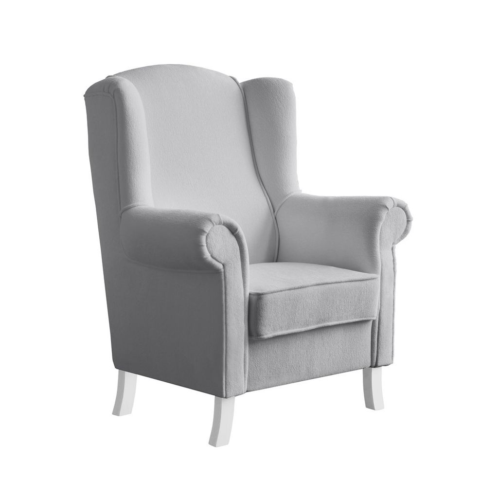 Ohrensessel LEONARDO Relax Sessel für Wohnzimmer, Polstersessel, Bouckle Hellgrau, Holzbeine Weiß