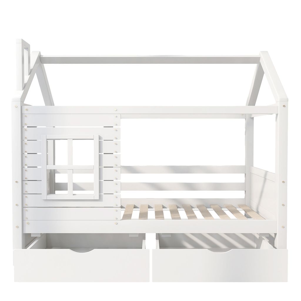 Hausbett mit Rausfallschutz vielseitiges Fenster und Lattenrost Massivholzbett Kinderbett Jugendbett Bettgestell 90*200cm Weiss