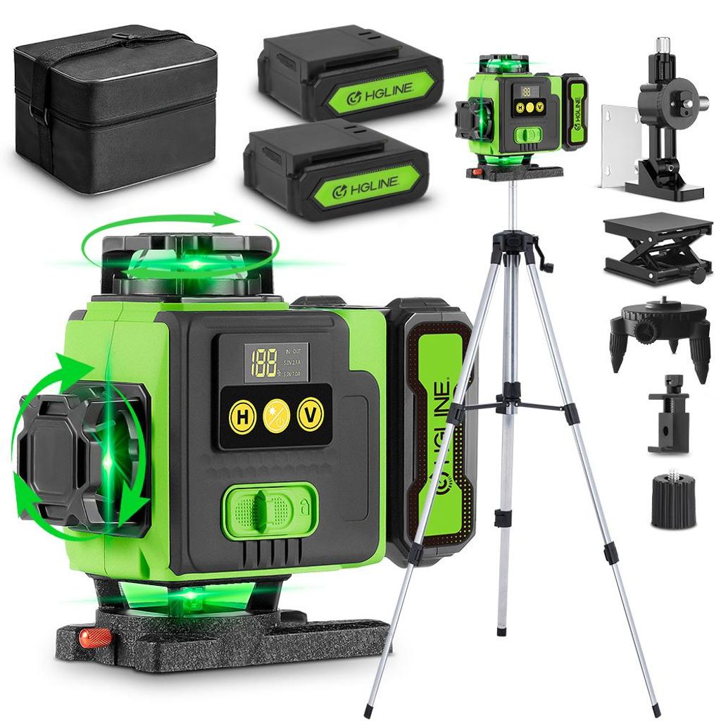 16 Linien Laser Wasserwaage 4 x 360 Grad Selbstnivellierend Laser Wasserwaage Kreuzlinienlaser mit Teleskopstativ & 2x4800 mAh Akku