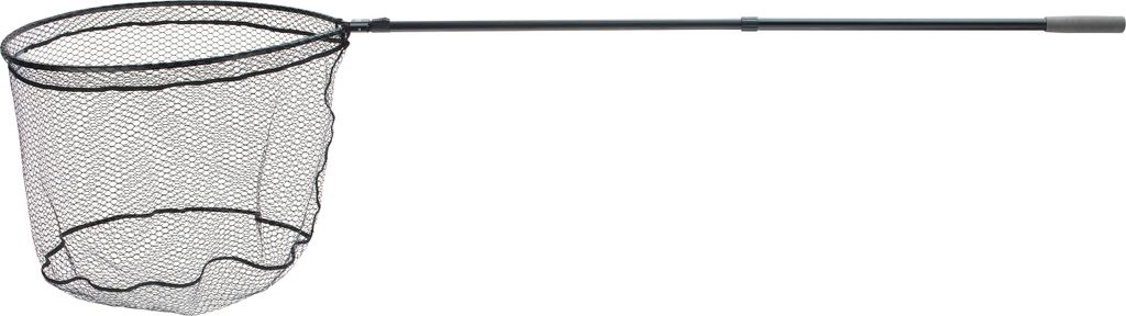 A fishing net with a long handle, presented against a plain white background.