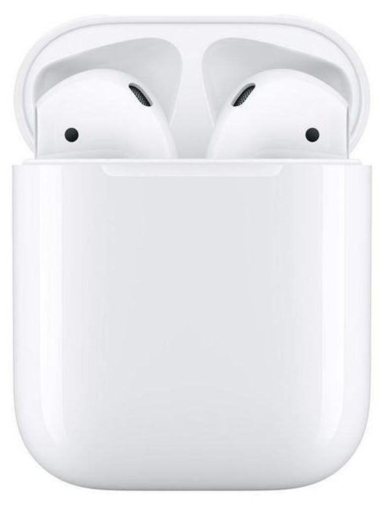 A pair of white Apple AirPods in their charging case.
