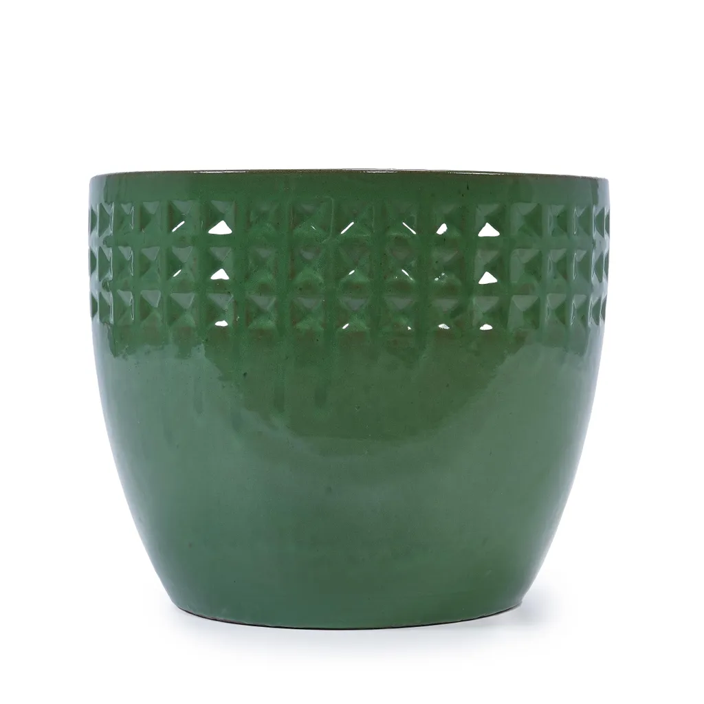 Pots de fleurs respirants en céramique verte faits main - Set de 3 pots - 16