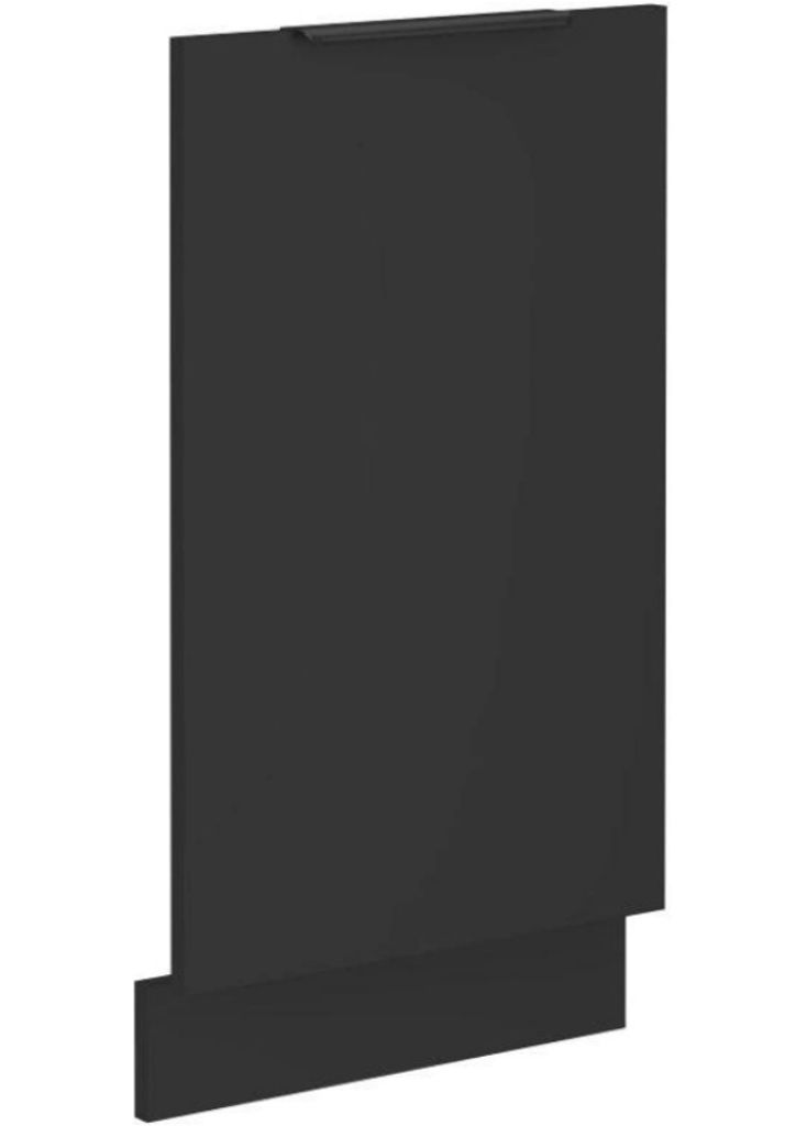 A black dishwasher door panel with a handle at the top and a protruding base.