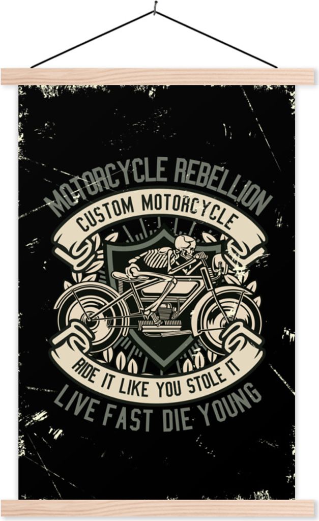 MuchoWow Textilposter Motorrad - Skelett - Retro - Zitat 60x90 cm mit holzfarbenen Rahmen - Textil