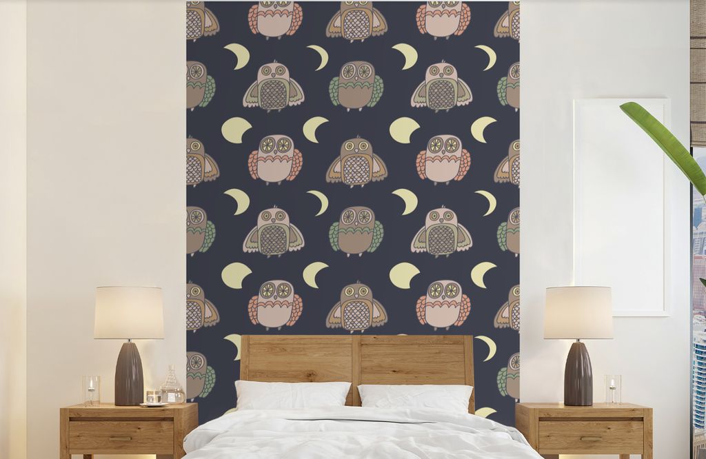 MuchoWow Fototapete für Wohnzimmer oder Schlafzimmer Wandtapete Vinyl Motivtapete Eule - Muster - Mond - 140x220 cm - Fototapeten