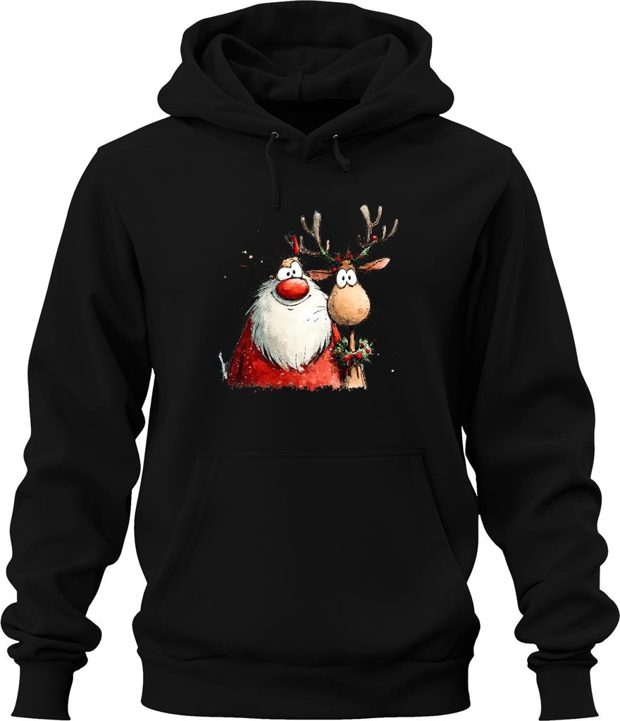 Weihnachtsmann Rentier Cartoon Aquarell lustig Geschenk Retro Uni Hoodie Kapuzenpullover, Schwarz, 3XL
