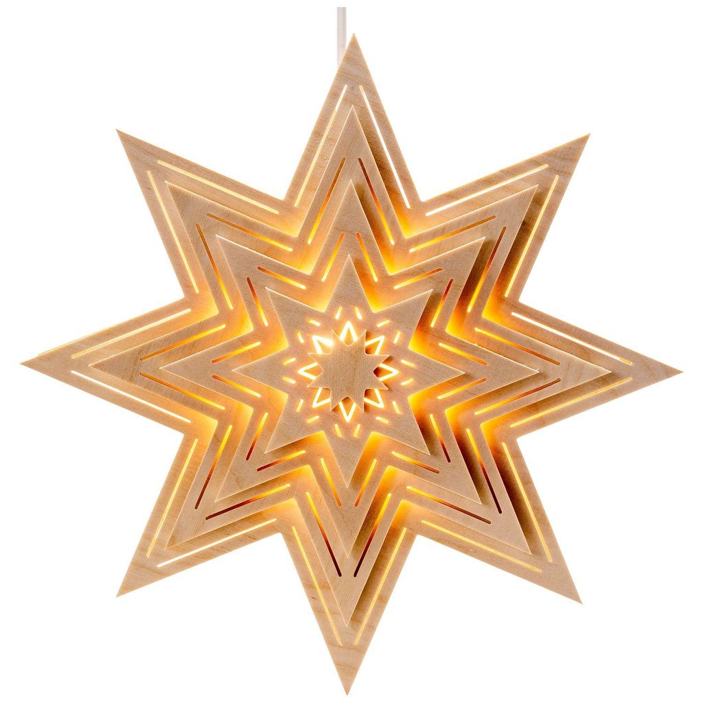 Ein leuchtender Stern aus Holz mit kunstvollen Lichtschlitzen strahlt warmes Licht aus und eignet sich perfekt als Fensterdekoration in der Weihnachtszeit