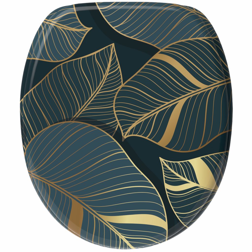 A toilet seat with a monstera leaf pattern.