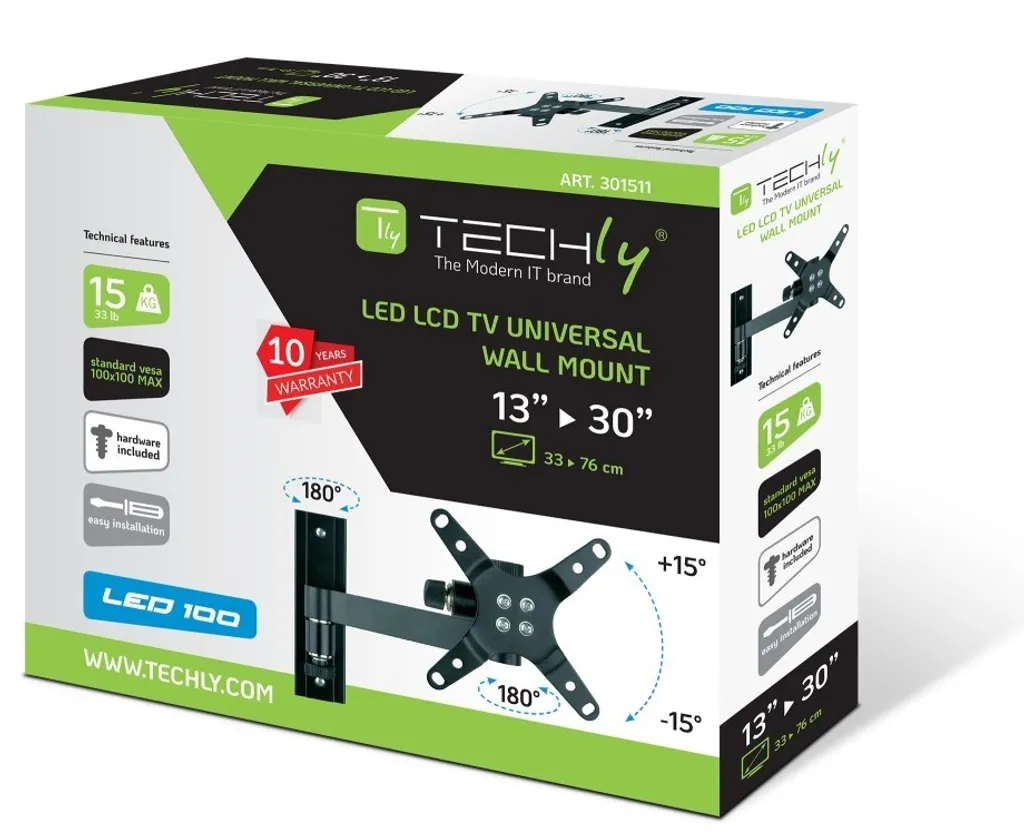 Support TV Mural 13-30 pouces Inclinable avec Double Articulation Techly
