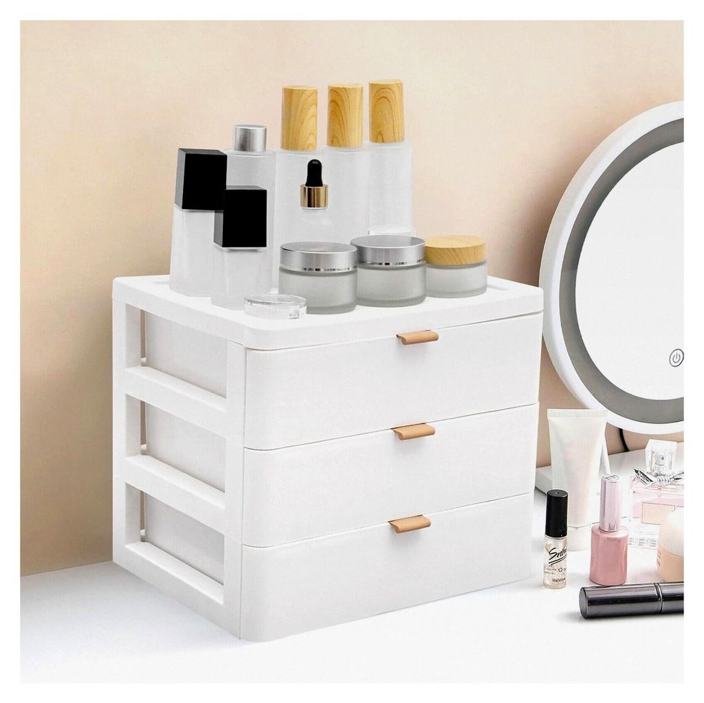 Weiße Schubladenbox, PP Schreibtisch Organizer mit 3 Schubladen und 1 oberer Plattform, für Zuhause und Badezimmer 26 * 20,2 * 22,3 cm