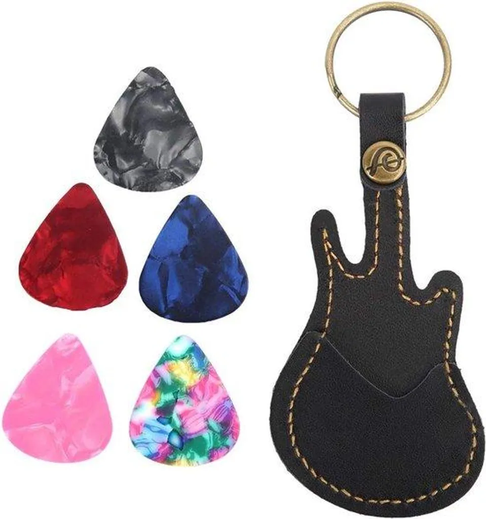 Porte-médiator en cuir véritable noir avec attache mousqueton laiton