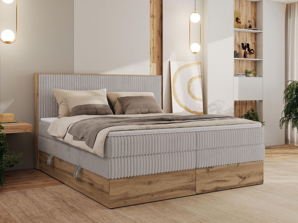 MKS MEBLE Boxspringbett WOOD CLASSIC KING, Doppelbett mit zwei Multipocket-Matratze und Topper Visco, hohe Kopfteil, Stauraum - 180 x 200 cm - H4 -...