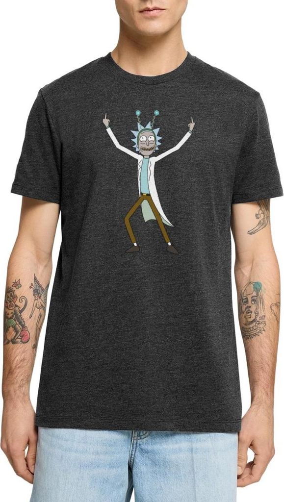 Spreadshirt Rick & Morty Rick Sanchez Pose Mittelfinger Männer Premium T-Shirt, M, Anthrazit meliert
