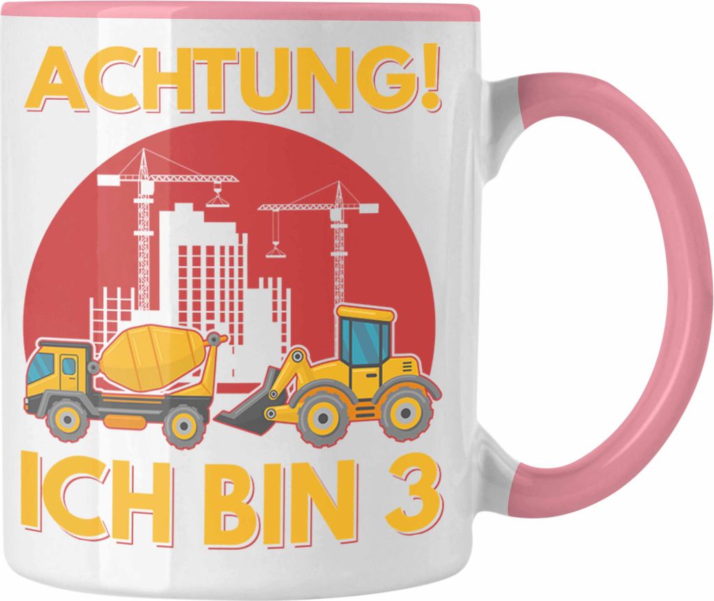 Trendation - Achtung Ich Bin 3 Tasse Geschenk 3-Jähriger Junge Bagger Geschenkidee Sohn (Rosa)