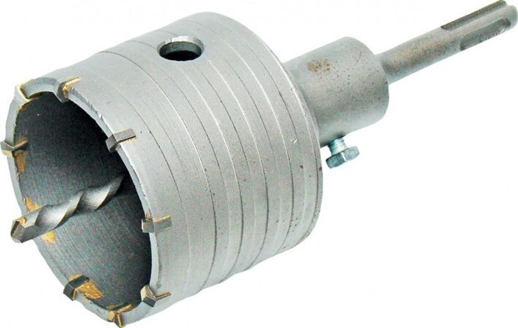 A close-up studio shot of a hole saw drill bit.