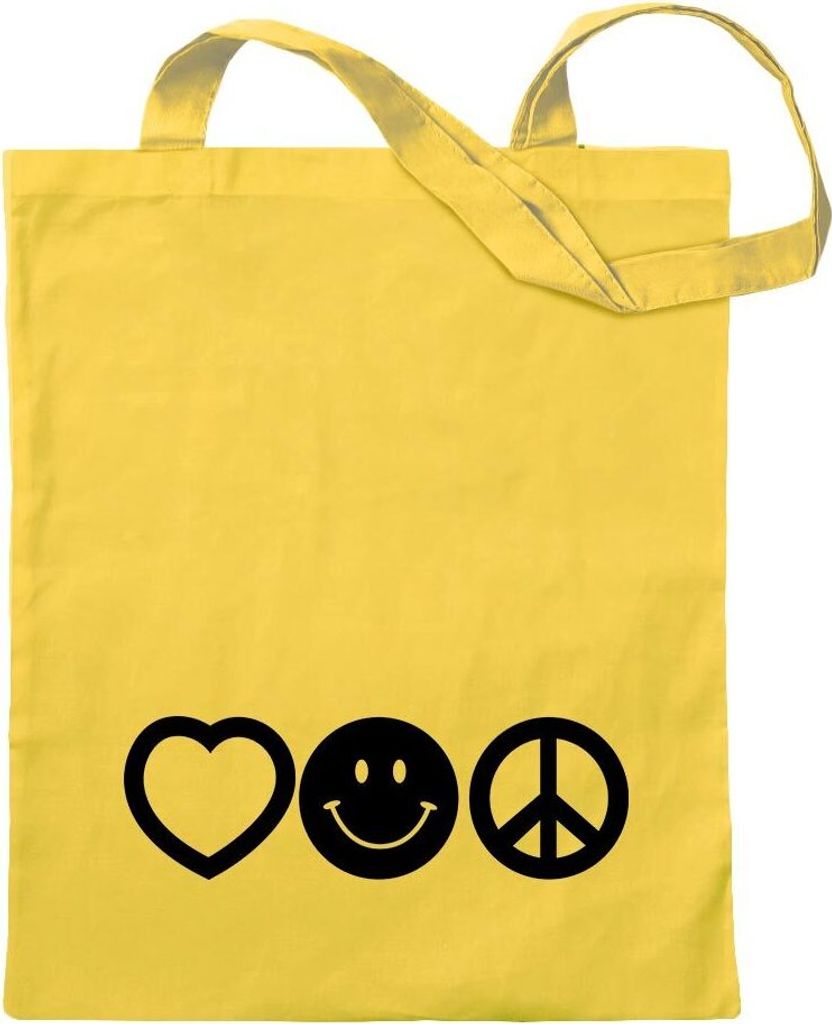 Kiwistar - Baumwolltasche - gelb - Love Happy Peace - Liebe Glück - Tragetasche Stoffbeutel Umhängetasche Langer Henkel