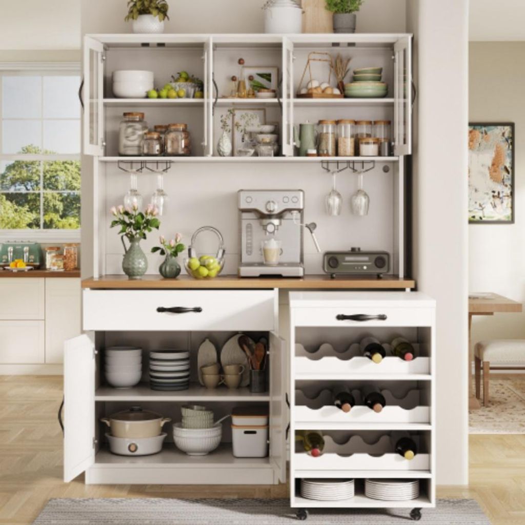 Küchenschrank mit Rollwagen, Hochschrank mit LED-Beleuchtung, Pantryschrank mit Weinregal, Sideboard140cm