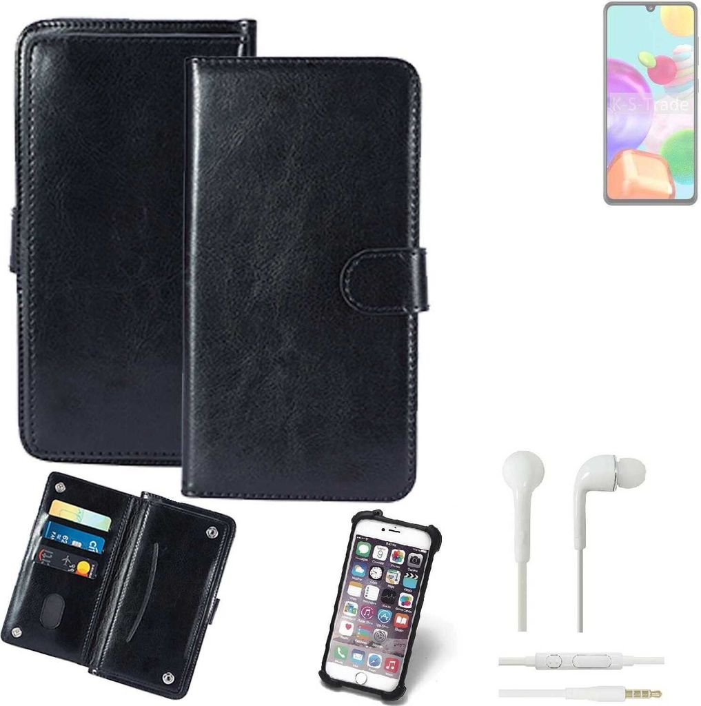 K-S-Trade 360° Hülle kompatibel mit Samsung Galaxy A41 inkl. Headphones schwarz Kunstleder Case BookCase WalletCase Kunstlederederhülle