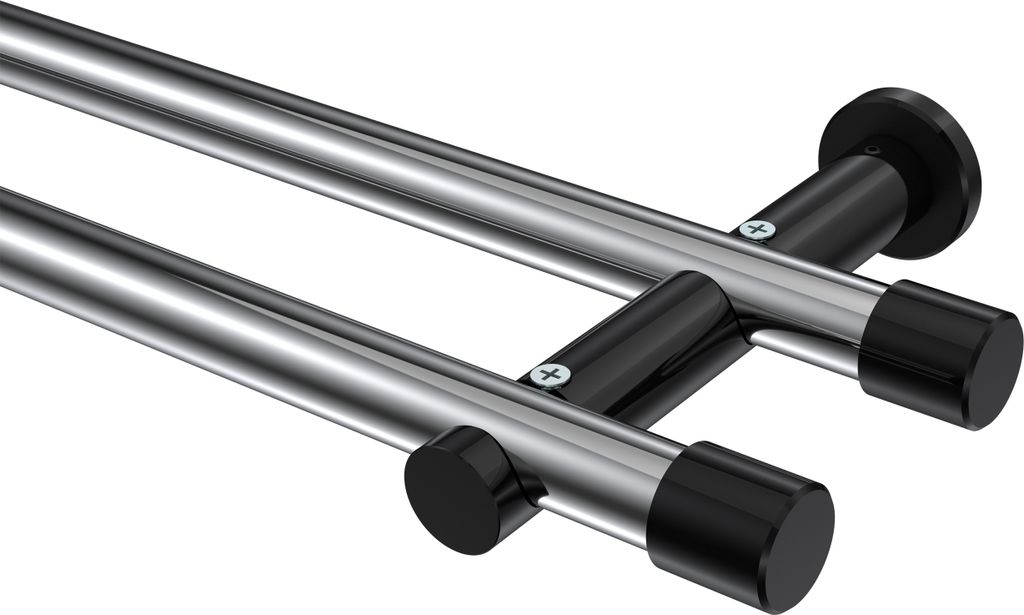 Interdeco Gardinenstange / Vorhangstange Chrom / Schwarz, Typ Platon Santo (Kappe) ohne Ringe, 20 mm Ø 2-läufig, 520 cm