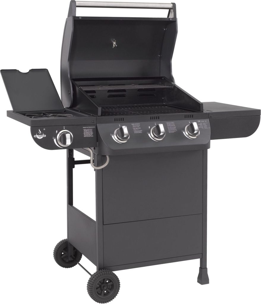 A black gas grill with the lid open, shown from the front on a white background.