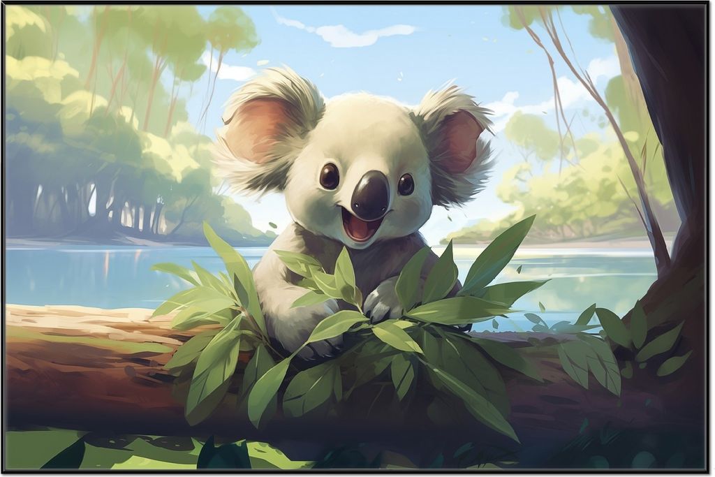 Wallario Wandbild Australische Idylle: Der lächelnde Koala, Größe: 61 x 91,50 cm, Poster mit schwarzem Aluminiumrahmen